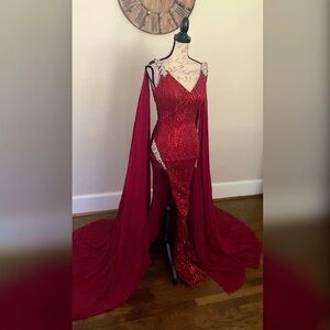 Sparkly deep red pageant evening gown, prom dress, gala gown or formal dress
